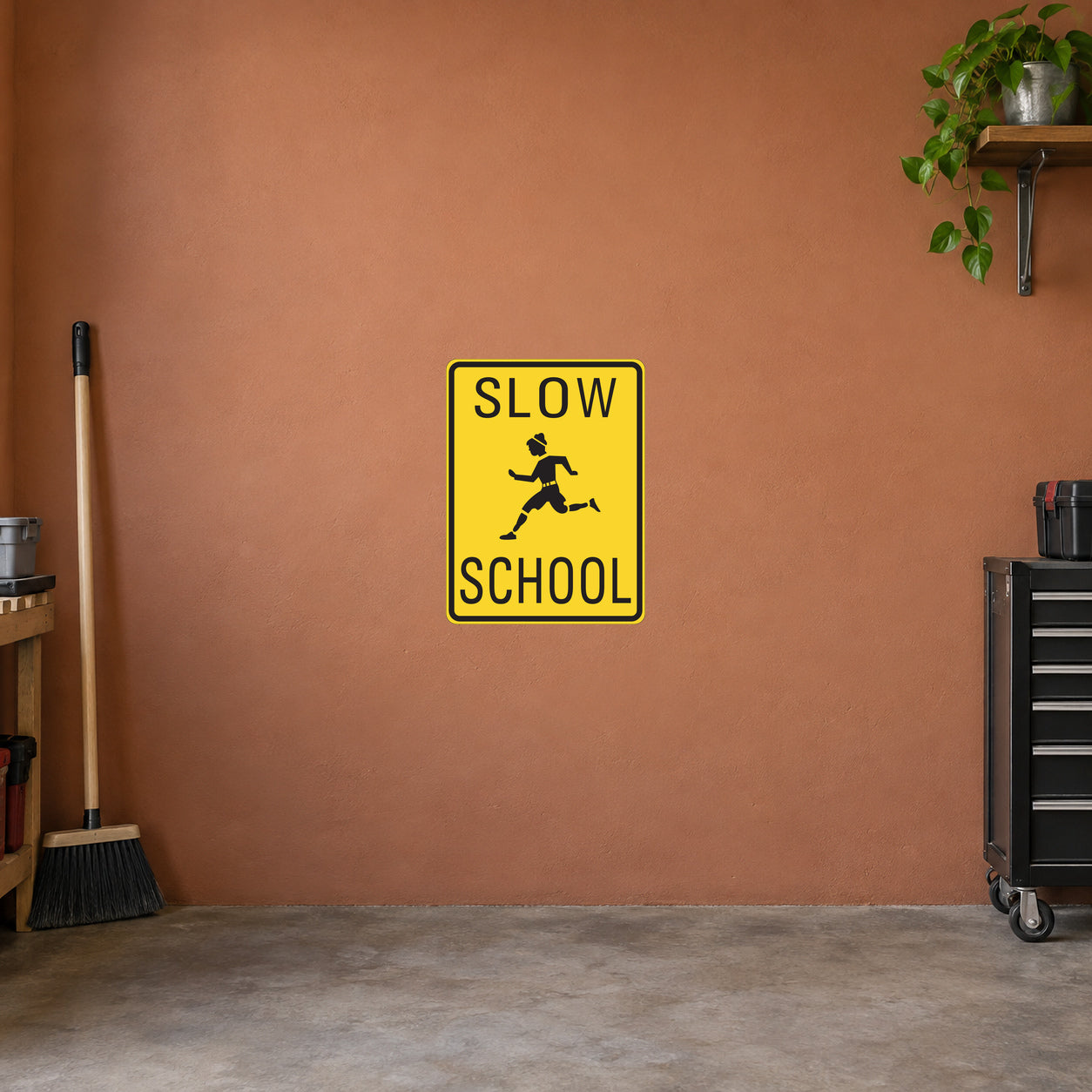 Yellow road sign sticker with black “SLOW” and “SCHOOL” text and a walking child icon