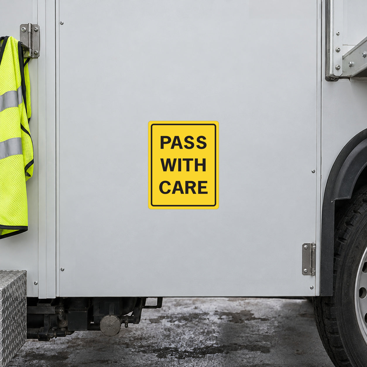 Yellow road sign sticker with black text: PASS WITH CARE.