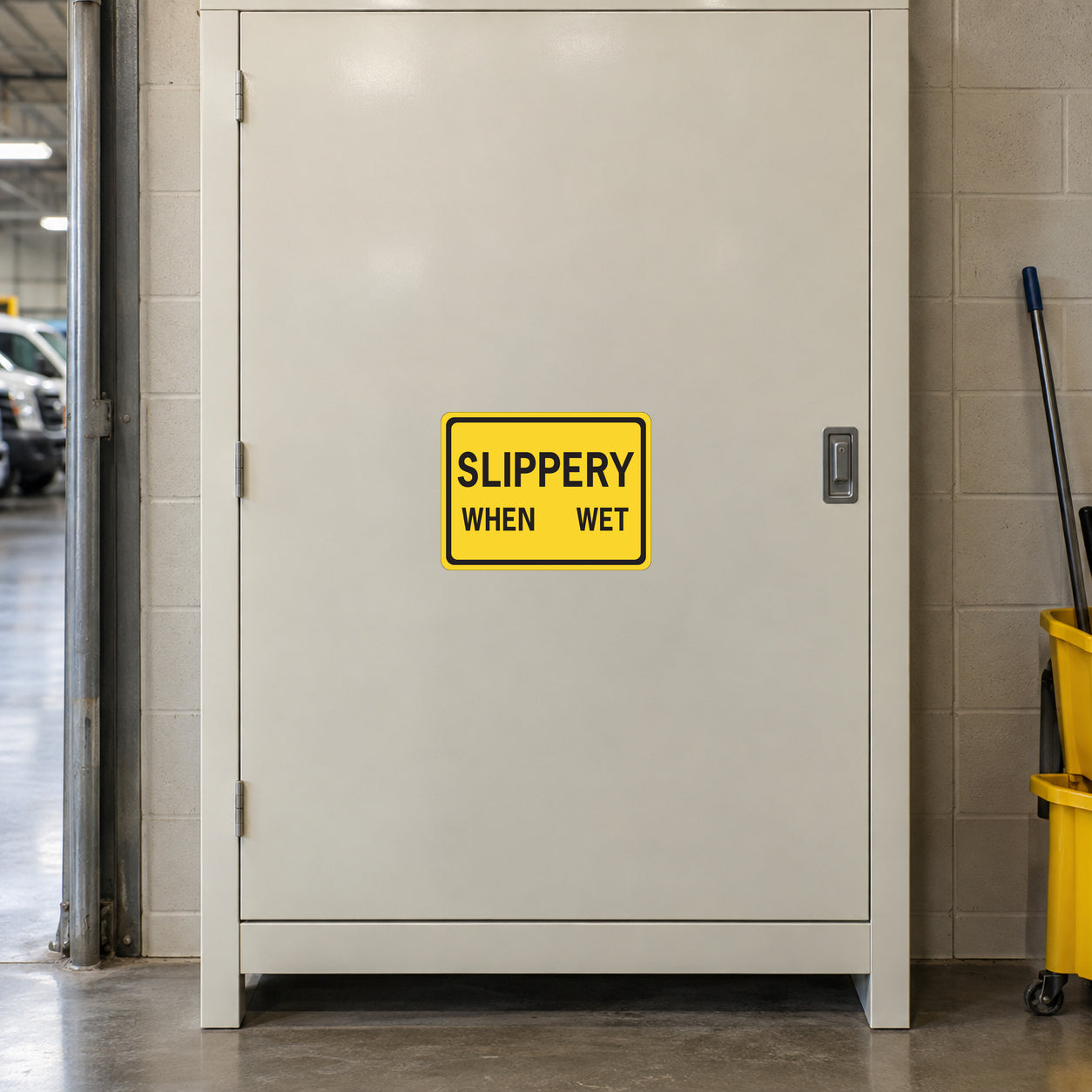Road Sign Sticker applied in a smooth warm cream single janitorial cupboard in a vehicle depot, mop bucket far right edge