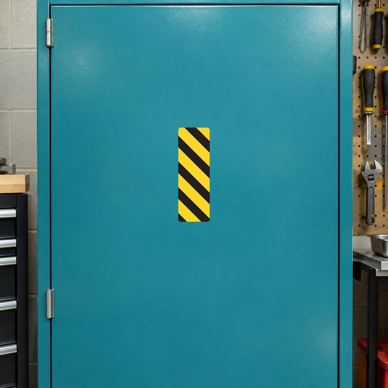 Road sign sticker with black and yellow diagonal hazard stripes, rectangular shape