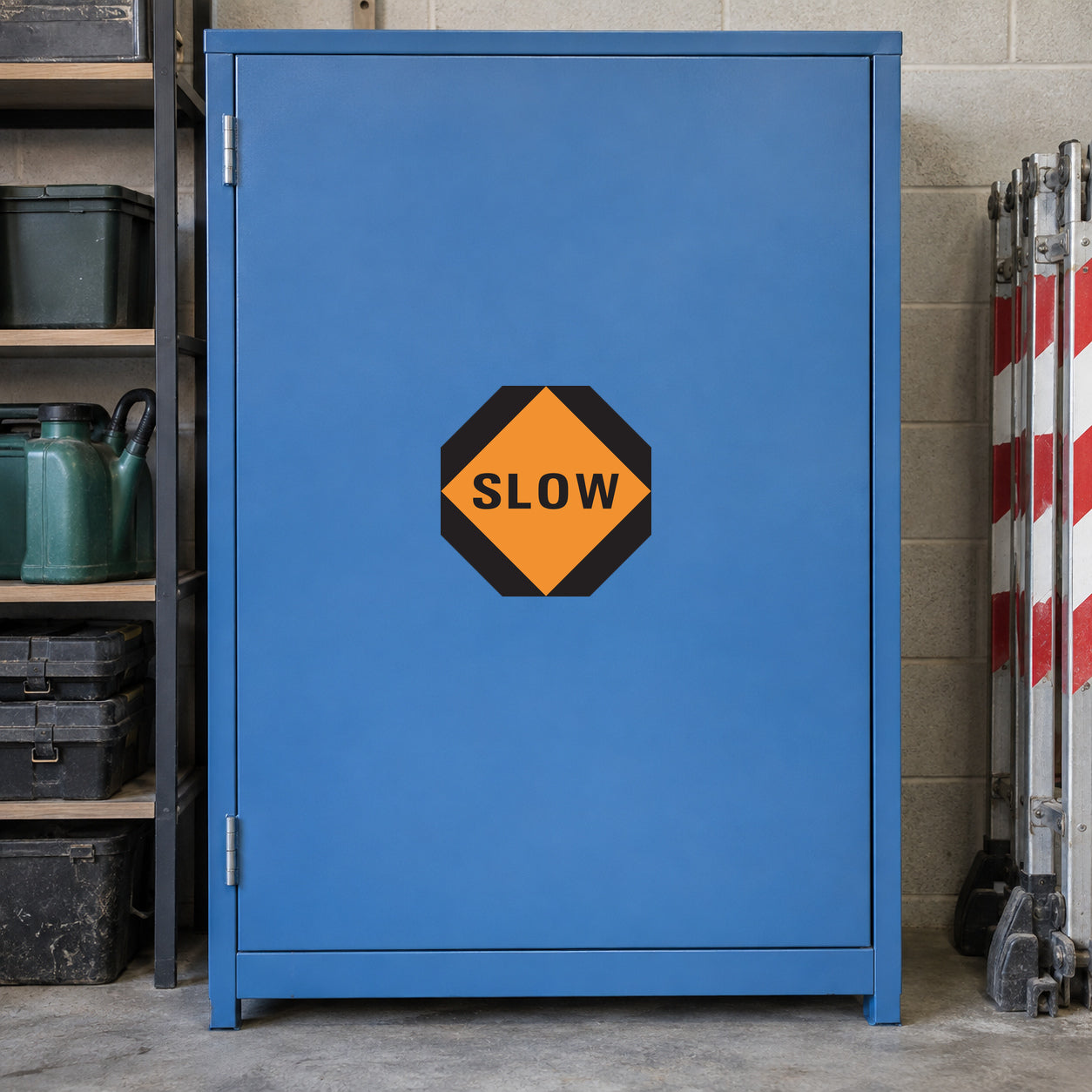 Octagon road sign sticker reading 'SLOW' with orange, black, and gray colors