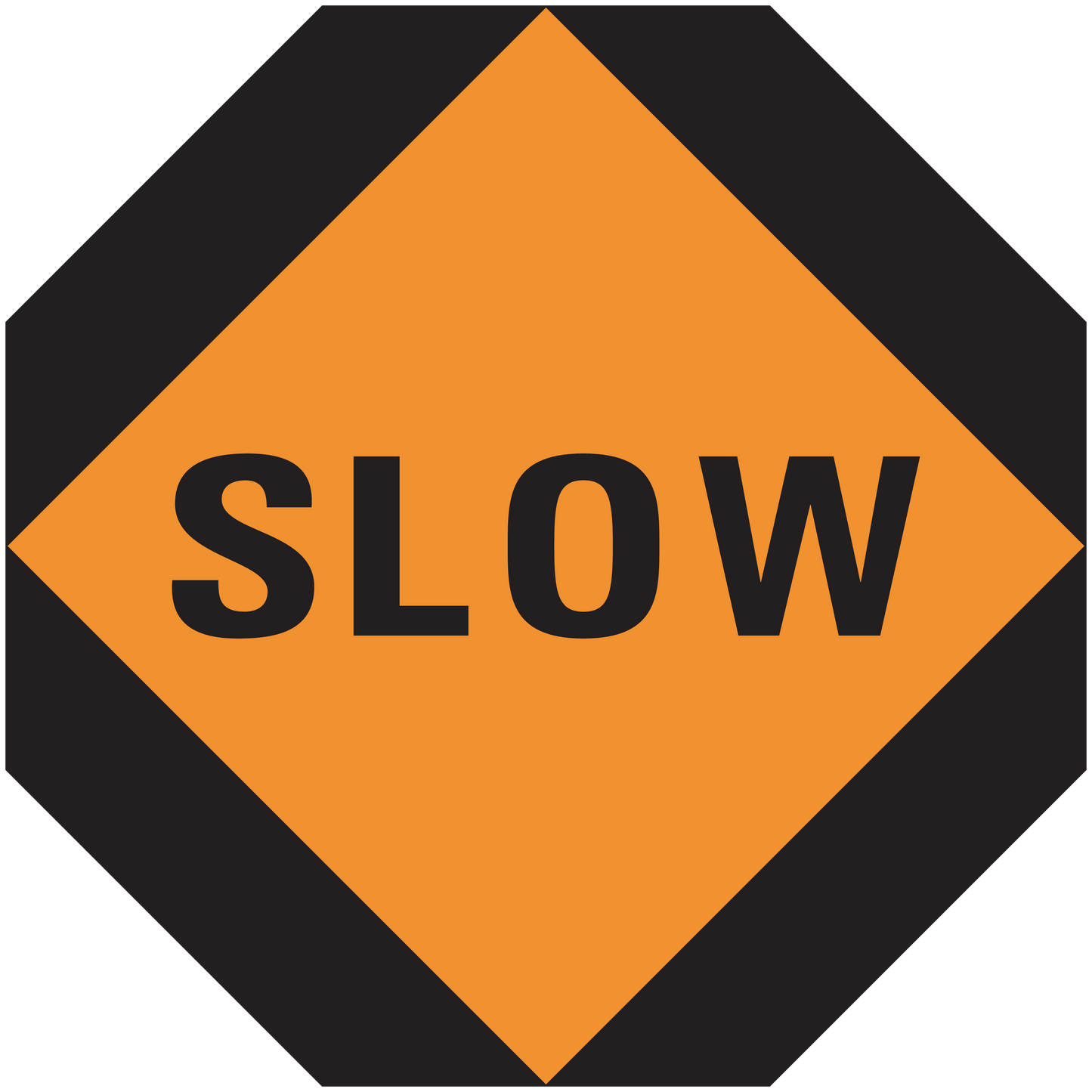 Road sign sticker with orange diamond and black border, 'SLOW' text