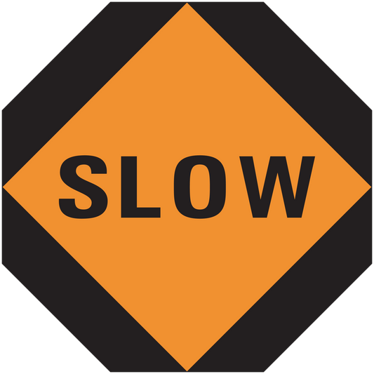 Road sign sticker with orange diamond and black border, 'SLOW' text