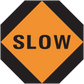 Road sign sticker with orange diamond and black border, 'SLOW' text