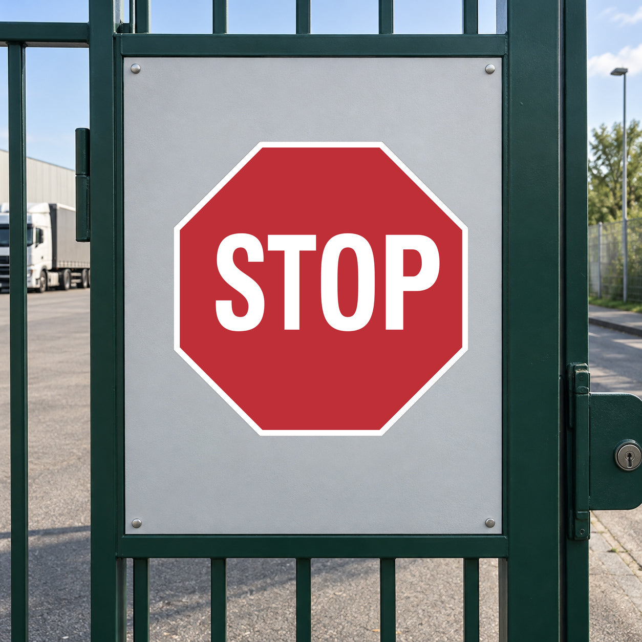 STOP road sign sticker, red octagon with white STOP lettering on light backing