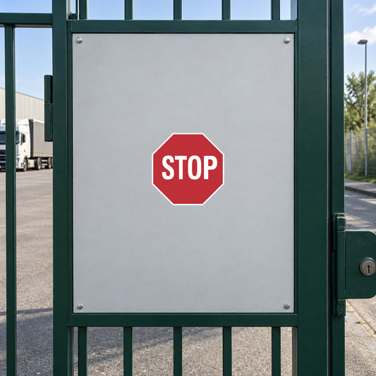 Stop sticker on a private distribution-yard vehicle exit gate