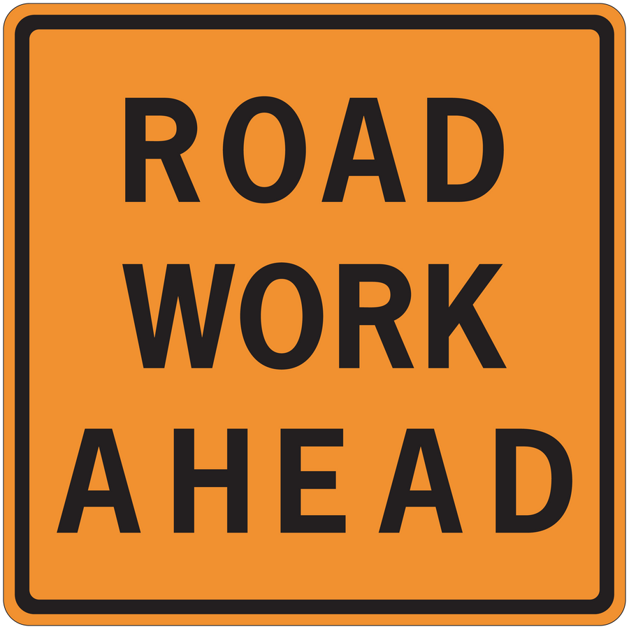 Orange road work ahead sticker with black border and ROAD WORK AHEAD text