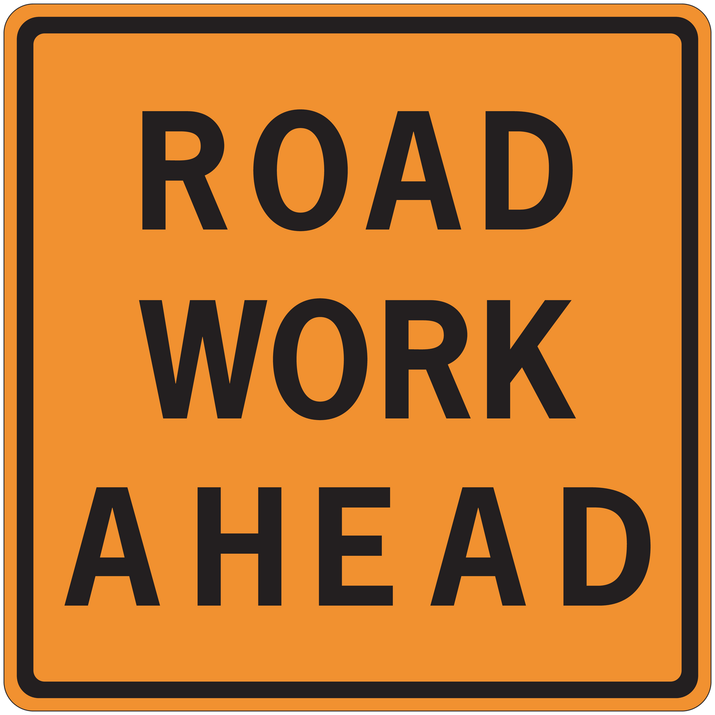 Orange road work ahead sticker with black border and ROAD WORK AHEAD text