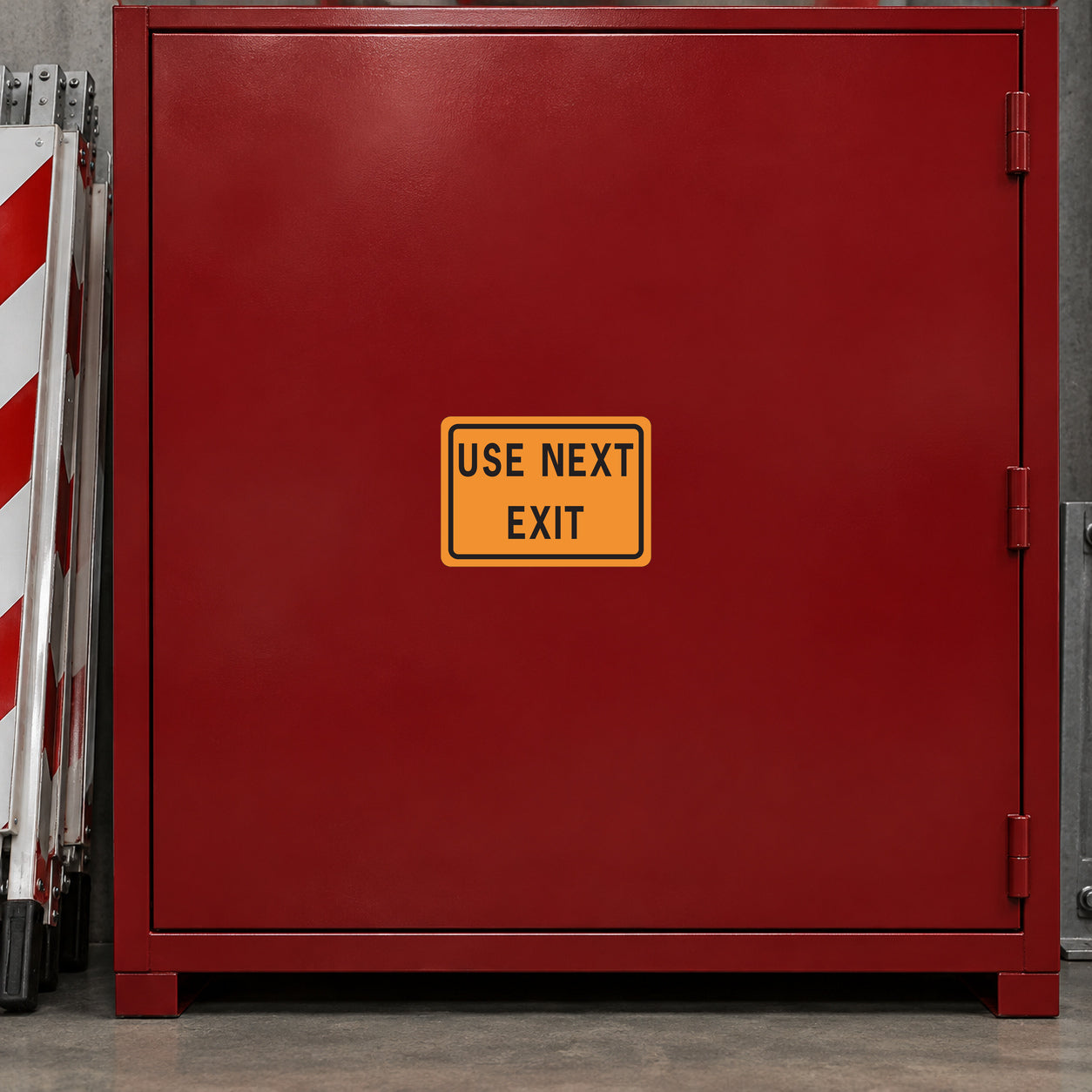 Road Sign Sticker applied in a smooth dark red single depot storage cabinet, folded road barrier far left edge