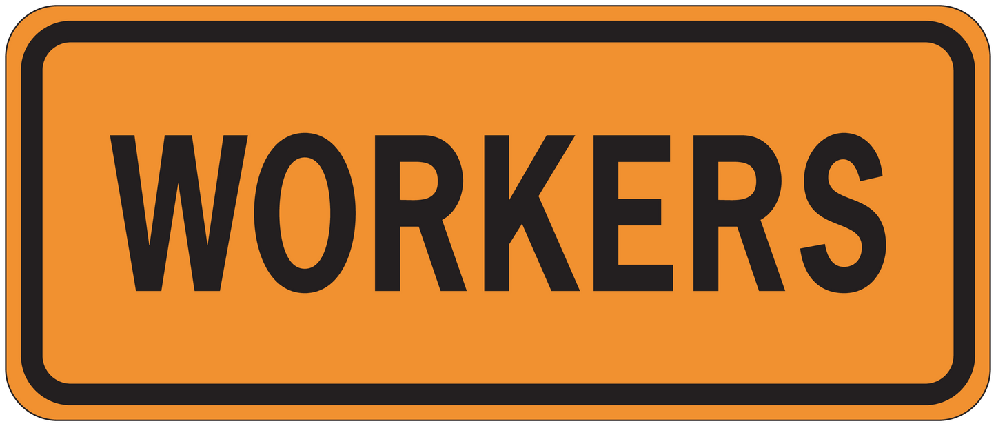 Orange road sign sticker with black border and 'WORKERS' text
