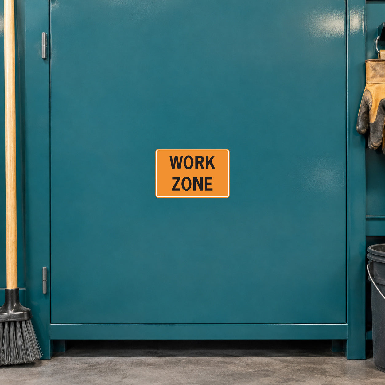 Road Sign Sticker applied in a smooth deep teal single road crew workshop cupboard, broom and gloves at far edges