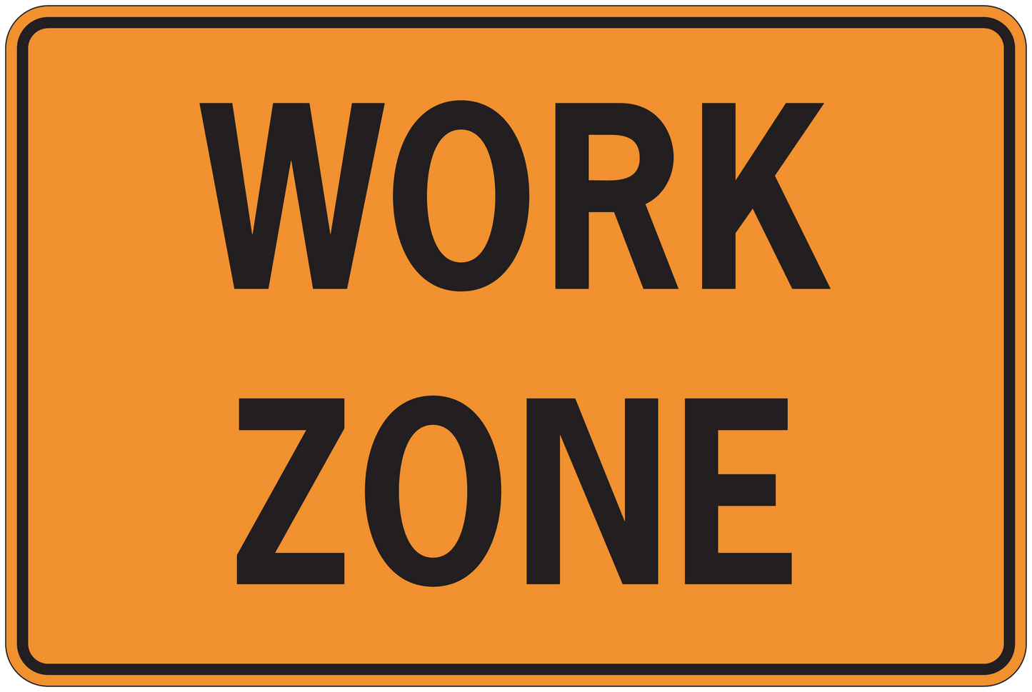 Work Zone road sign sticker, orange rectangle with black lettering.