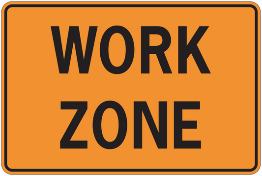 Work Zone road sign sticker, orange rectangle with black lettering.
