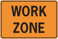 Work Zone road sign sticker, orange rectangle with black lettering.