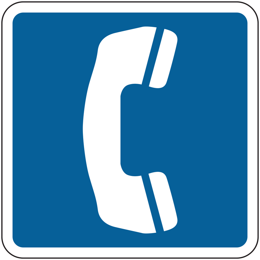 Road sign sticker with white phone-style icon on blue background
