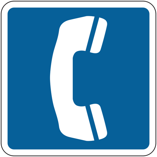 Road sign sticker with white phone-style icon on blue background