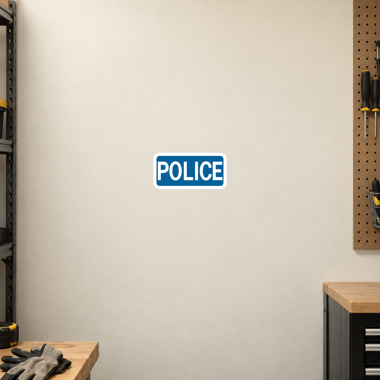 Road Sign Sticker applied in a continuous warm ivory traffic maintenance room wall with work gloves at bottom left edge