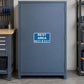 Road Sign Sticker applied in a smooth blue grey single road equipment cupboard beside a workbench at extreme side