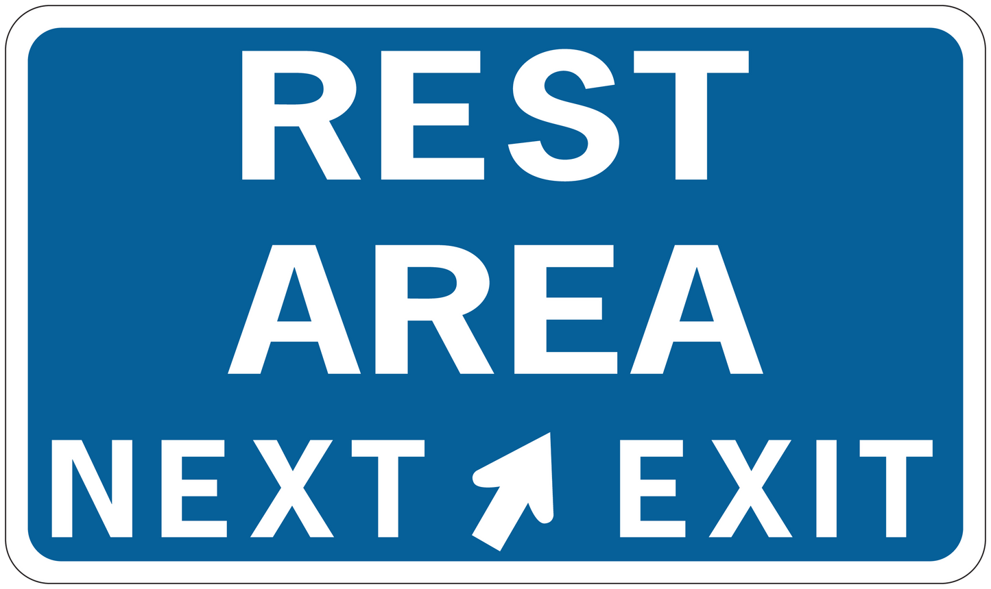 Road sign sticker with 'REST AREA' and 'NEXT EXIT' text, white on blue