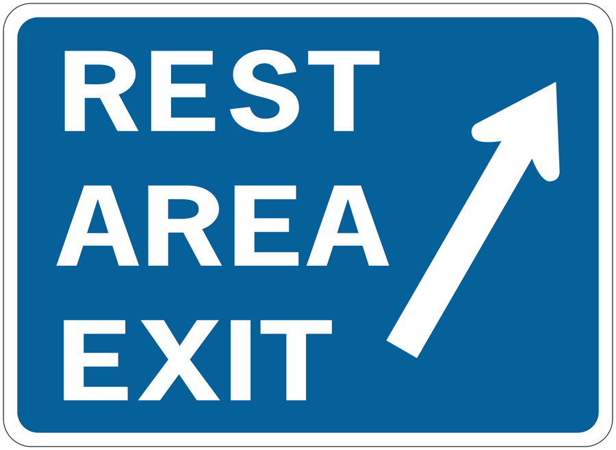 Blue road sign sticker with white border text “REST AREA EXIT” and upward arrow