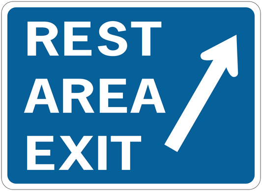 Blue road sign sticker with white border text “REST AREA EXIT” and upward arrow