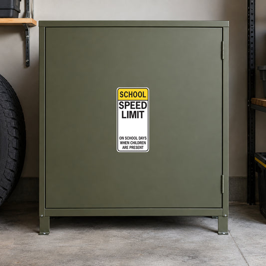 Traffic road sign sticker with yellow SCHOOL box and SPEED LIMIT text