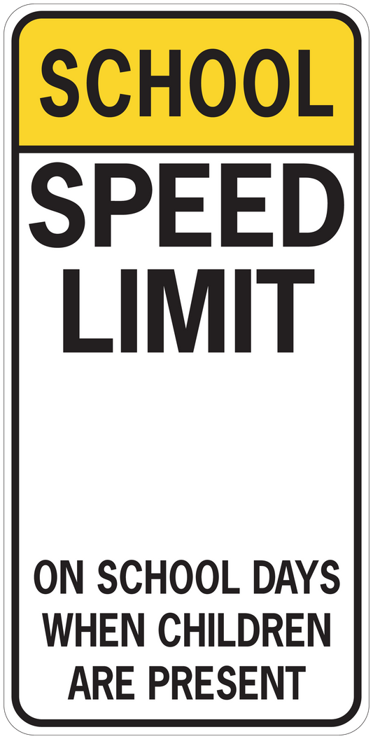 Road sign sticker with 'SCHOOL' and 'SPEED LIMIT' and 'ON SCHOOL DAYS' message