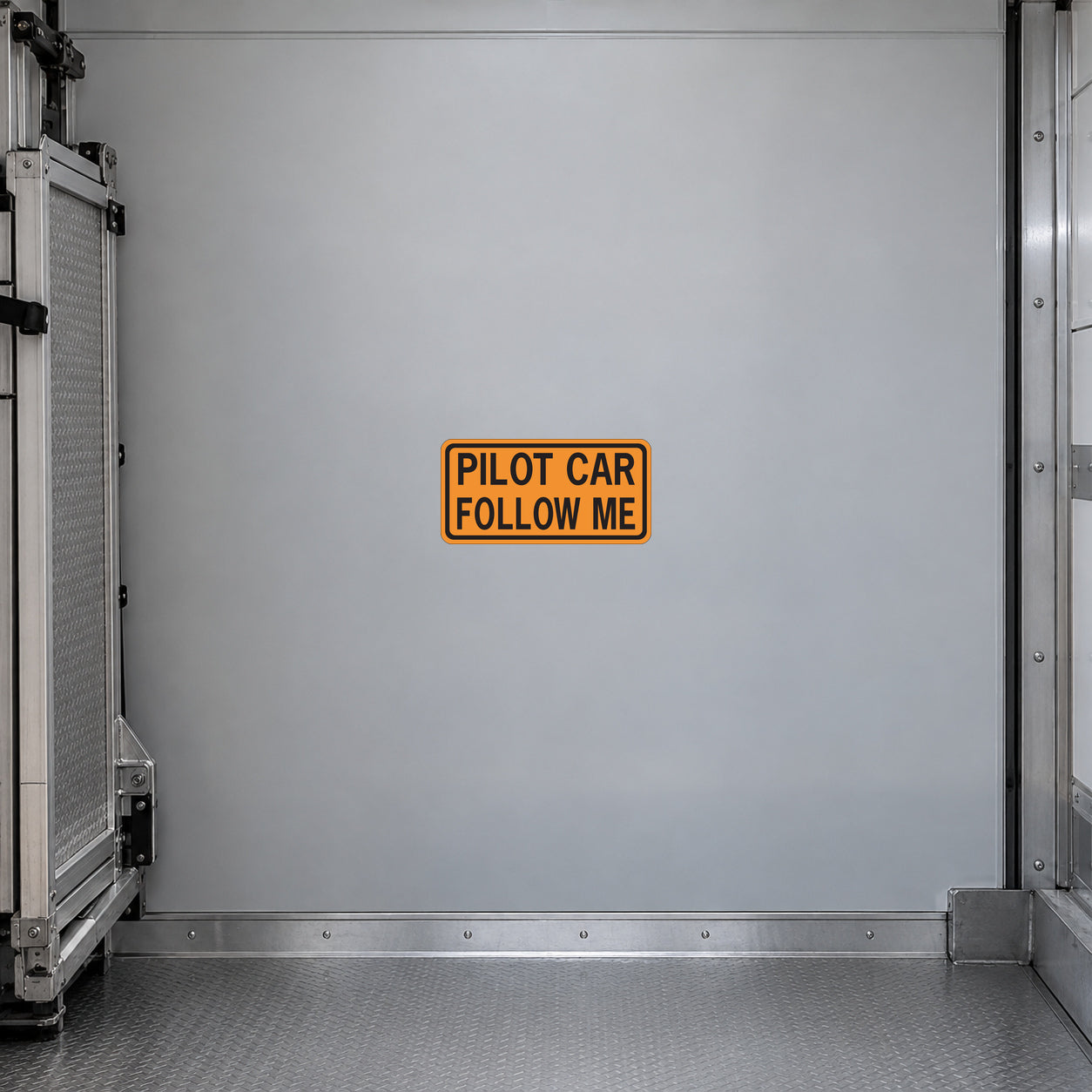 Road Sign Sticker applied in a continuous light grey loading corridor wall with folded work platform at extreme left
