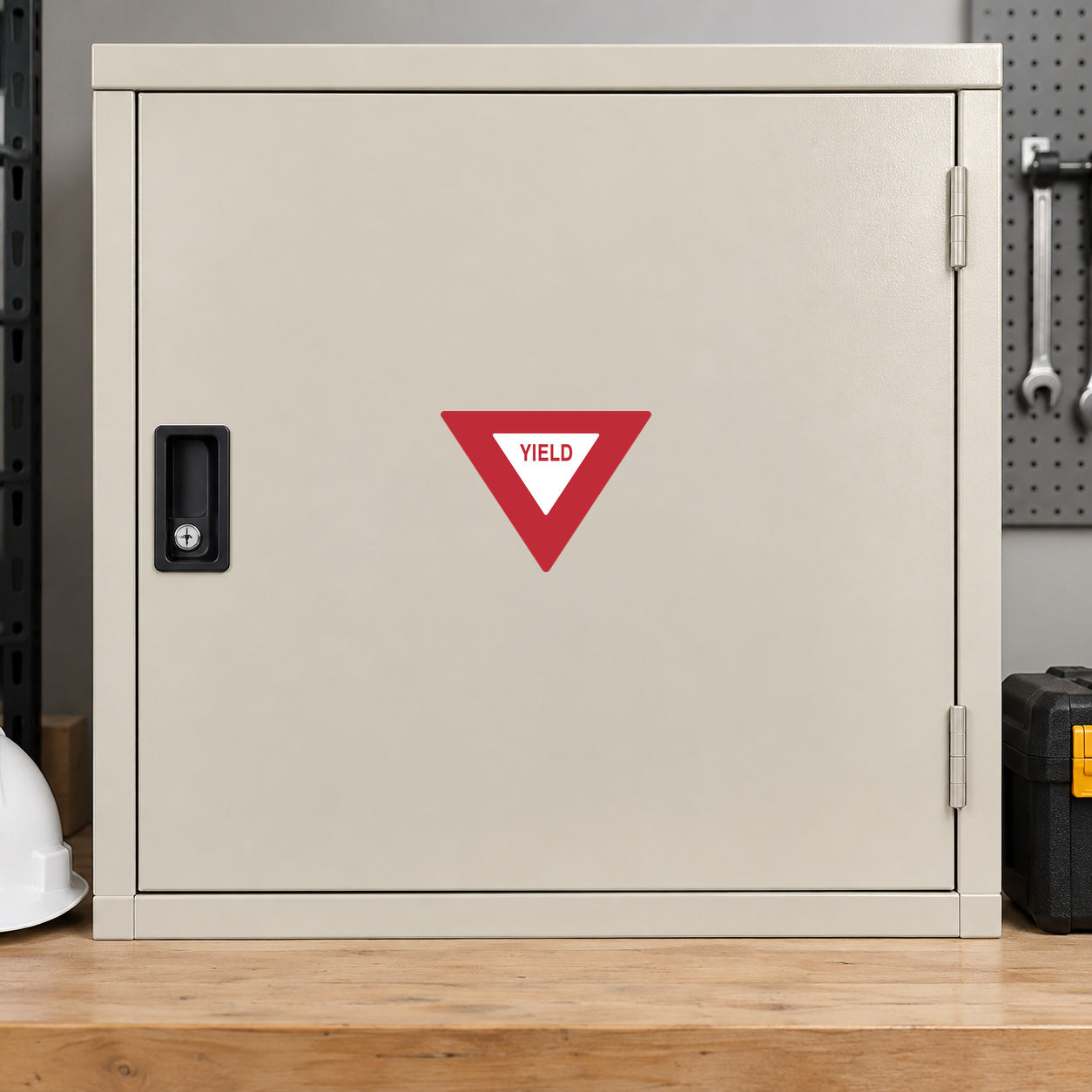 Road sign sticker with red yield triangle and white “YIELD” text