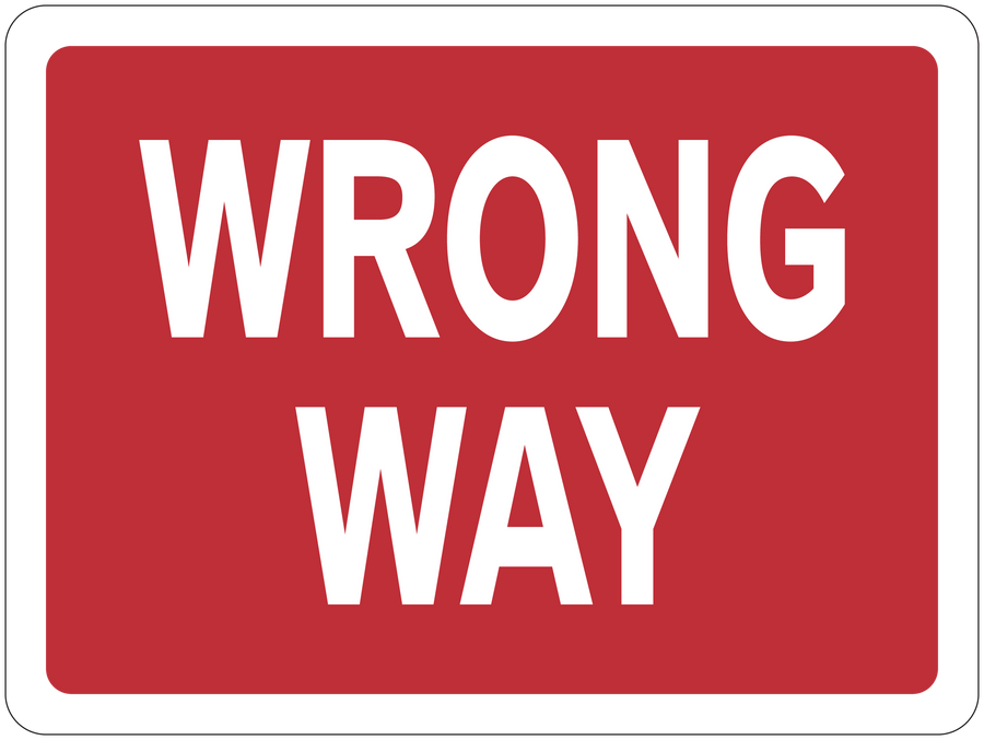 Wrong way road sign sticker, white 'WRONG WAY' text on red