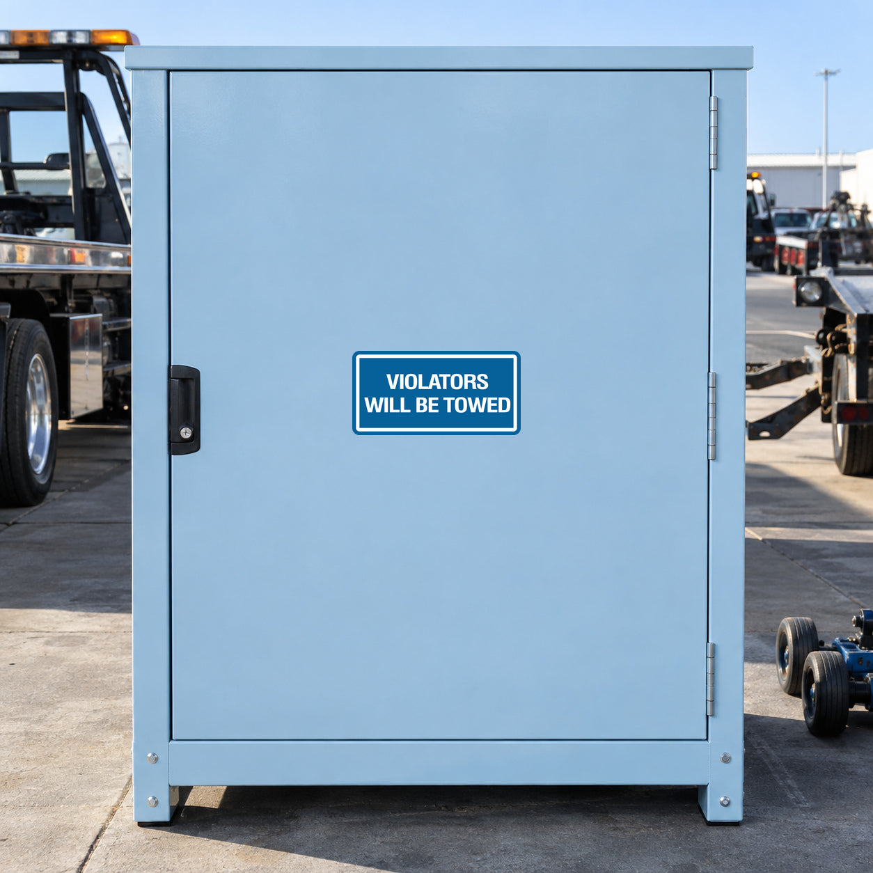 Road Sign Sticker applied in a smooth pale blue single parking maintenance cabinet near a towing yard, wheel dolly at far bottom