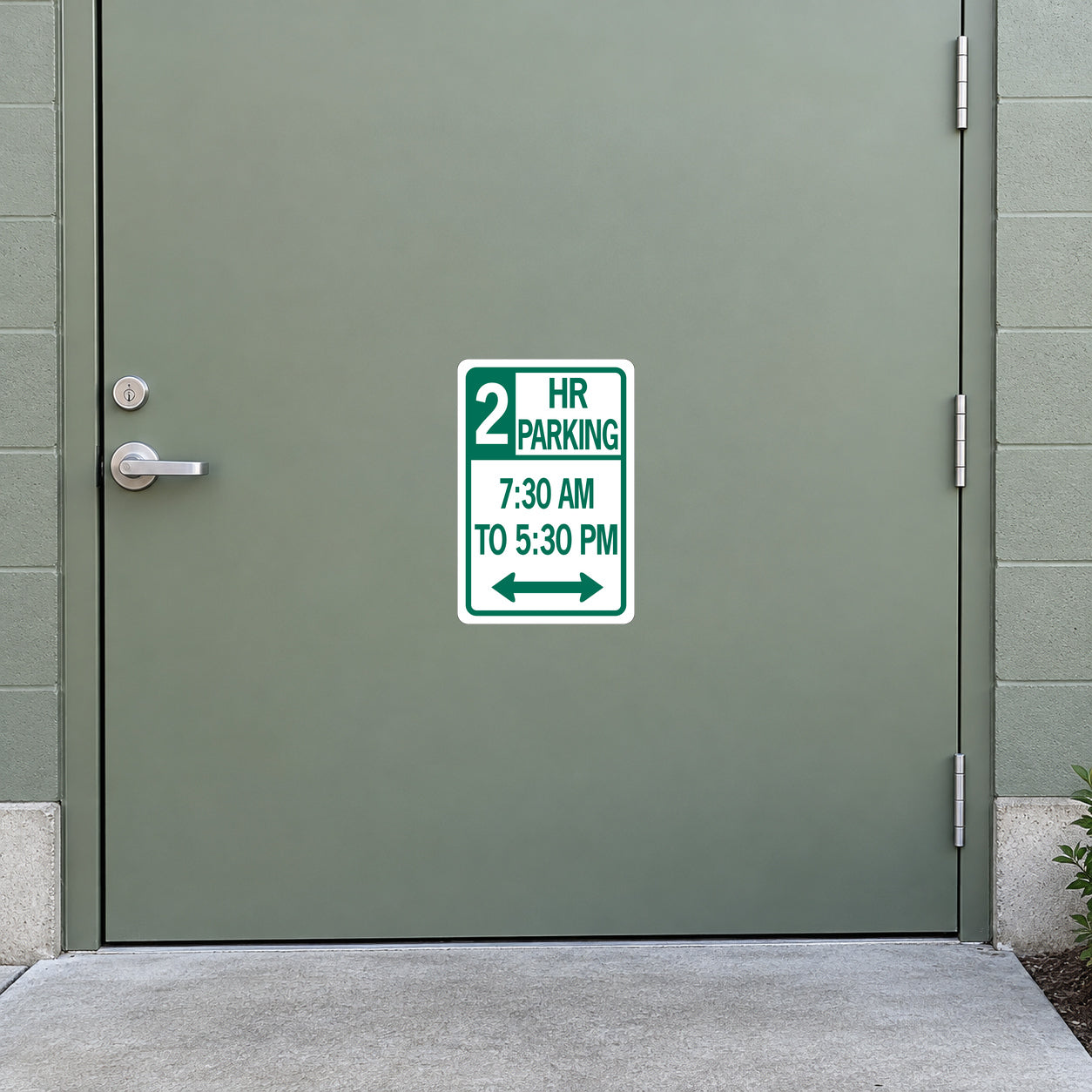 Road Sign Sticker applied in a smooth sage parking service entrance door, handle at far left edge and paved ground below