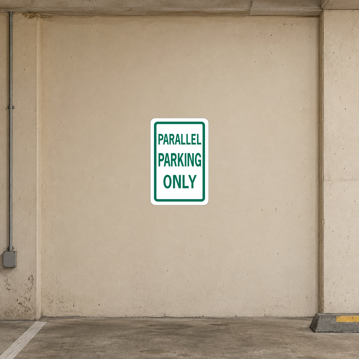 Road sign sticker with green-bordered “PARALLEL PARKING ONLY” text