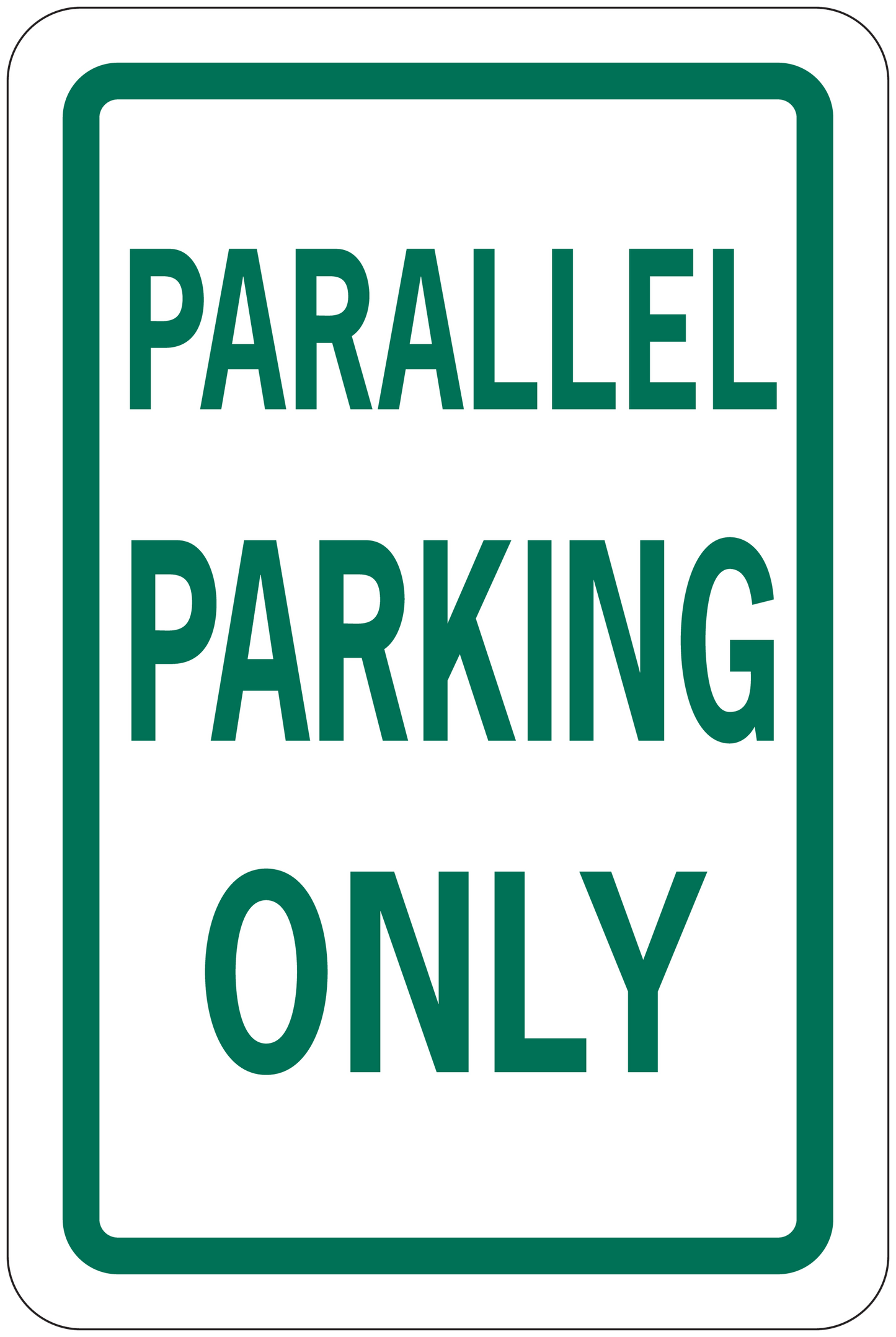 Green-bordered road sign sticker with PARALLEL PARKING ONLY text on white background