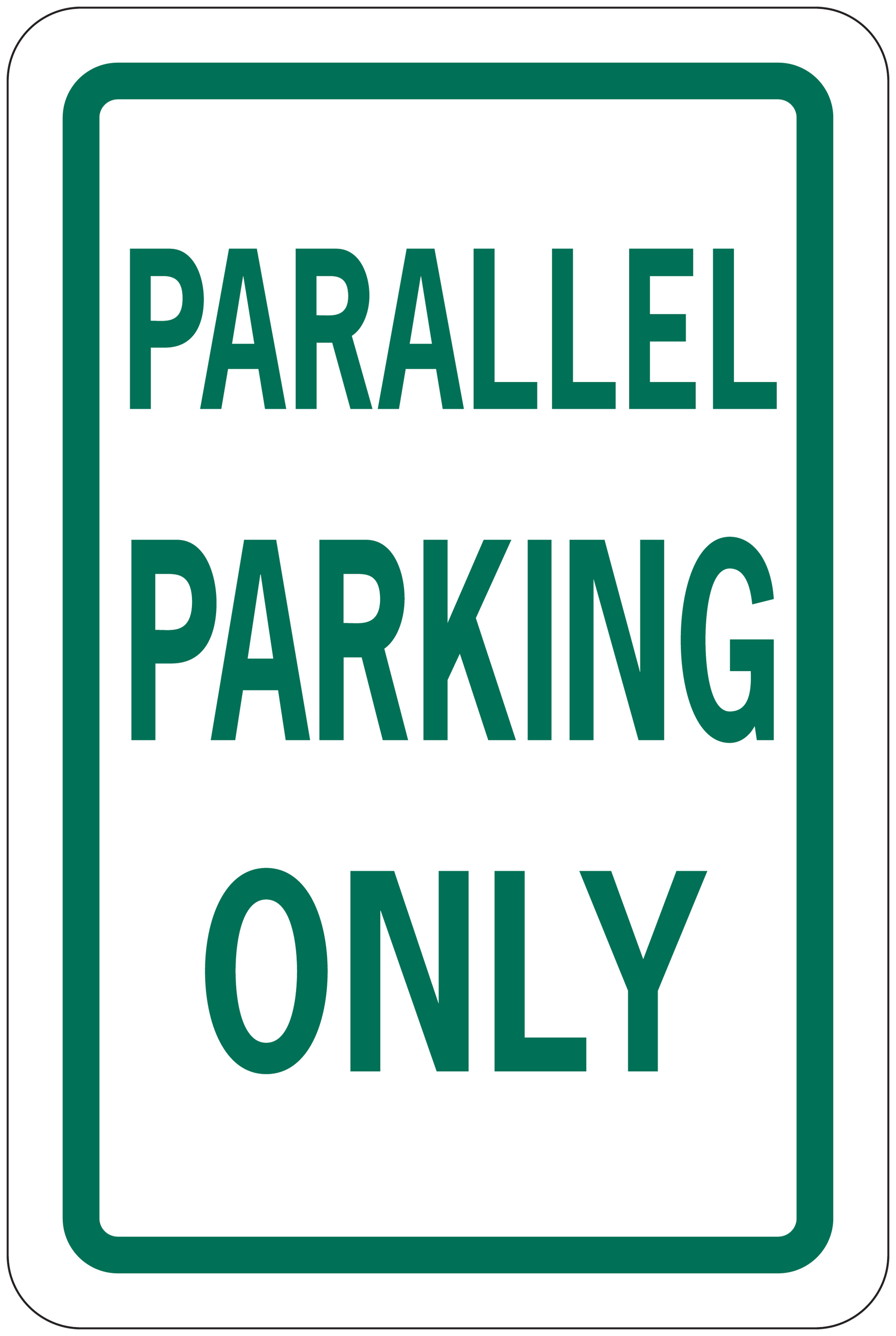 Green-bordered road sign sticker with PARALLEL PARKING ONLY text on white background