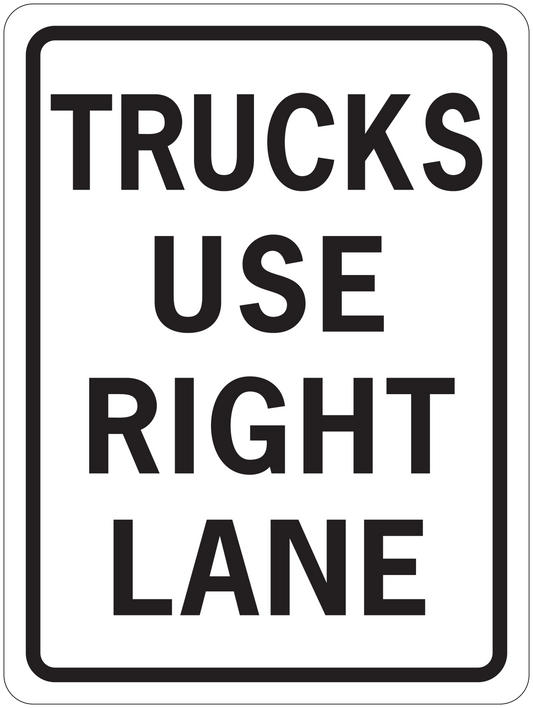 Road sign sticker with bold text: TRUCKS USE RIGHT LANE, black border on white