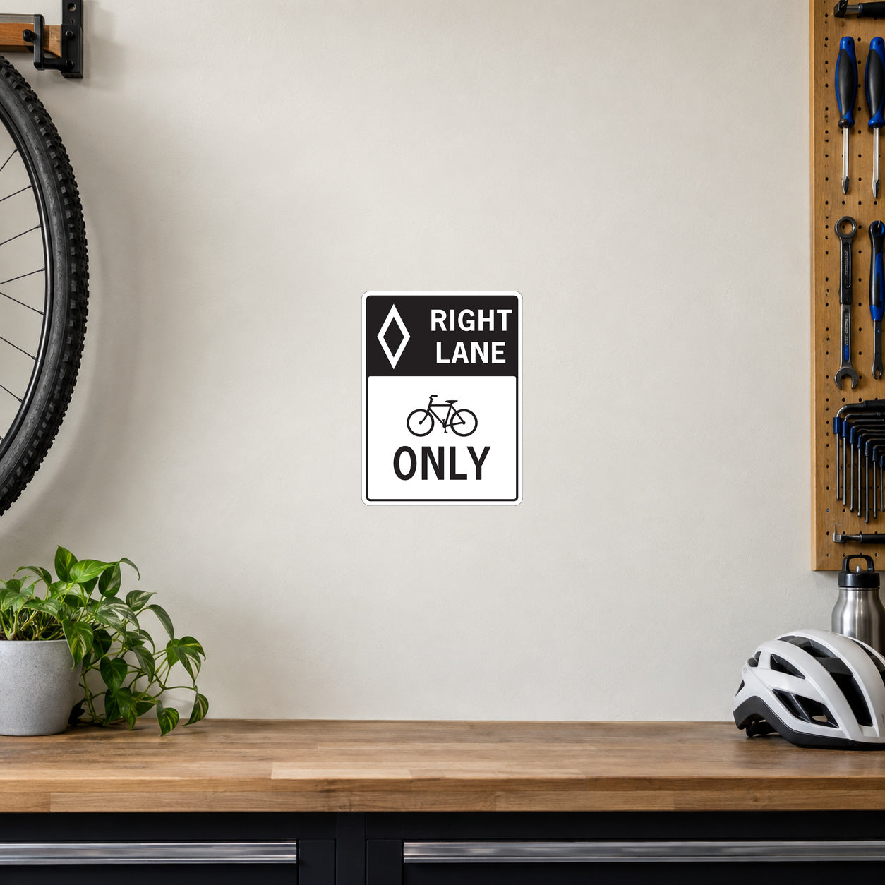 Road Sign Sticker applied in a continuous soft cream bike workshop wall, bicycle tire far left and helmet at far bottom right