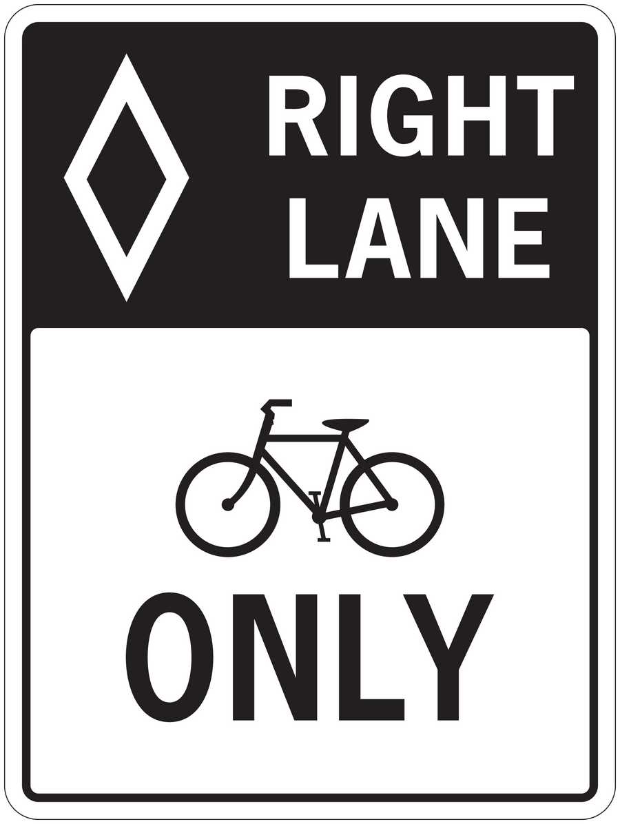 Road sign sticker: white text RIGHT LANE and bicyclist with ONLY.
