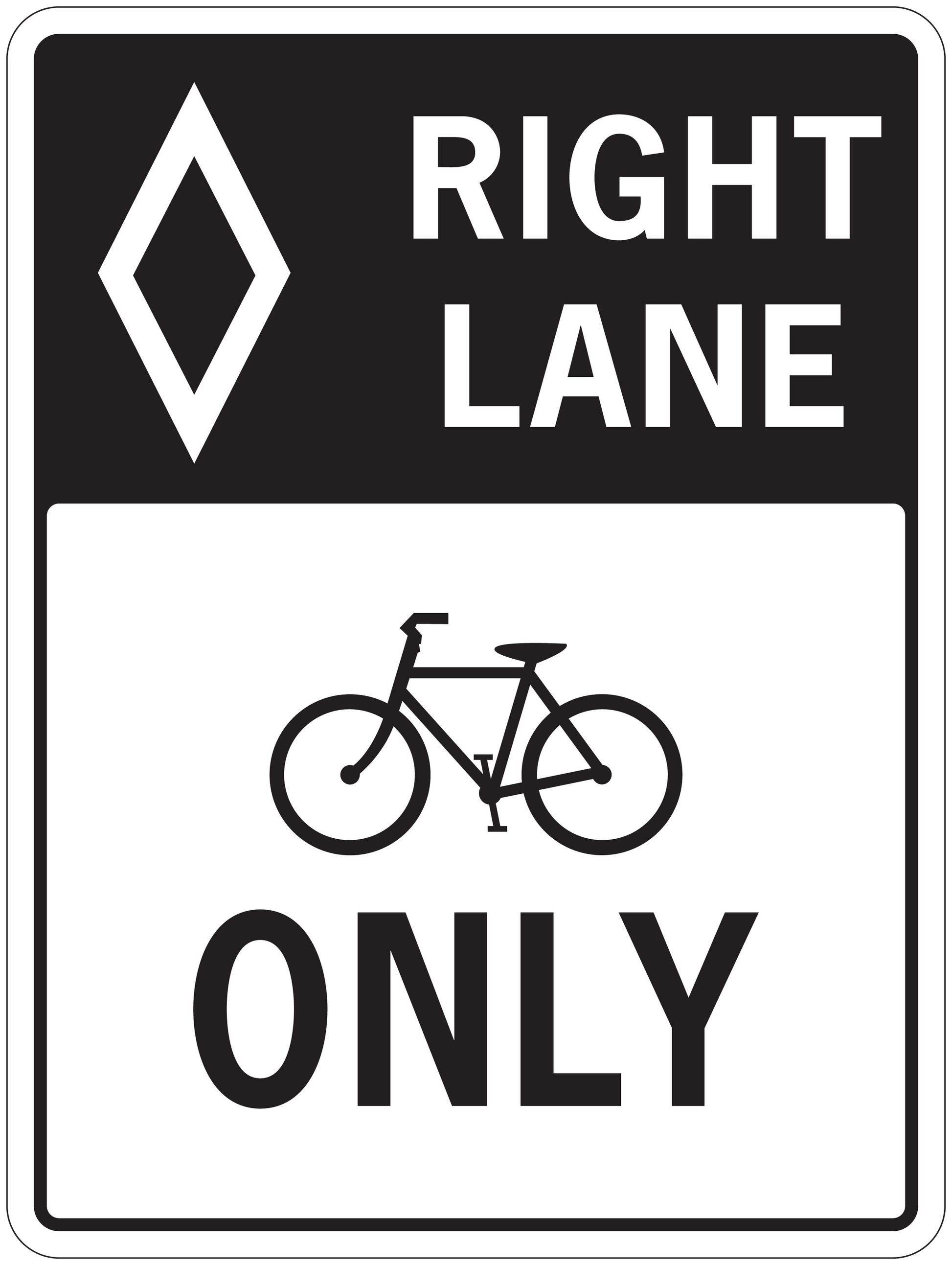 Road sign sticker: white text RIGHT LANE and bicyclist with ONLY.