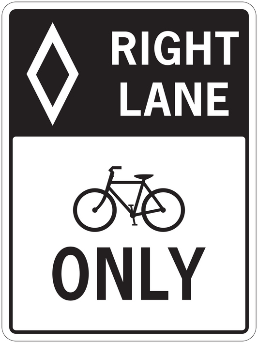 Road sign sticker: white text RIGHT LANE and bicyclist with ONLY.