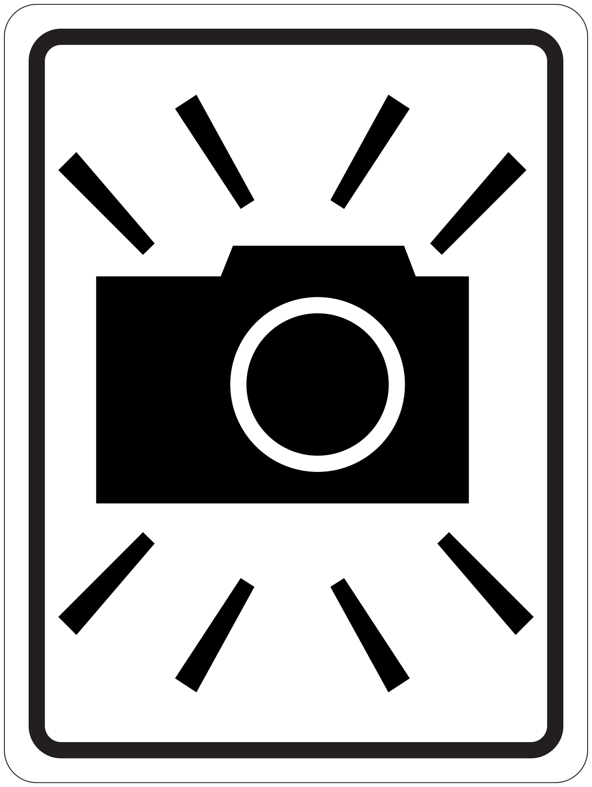Road sign sticker with black camera icon and radiating warning lines inside a white border