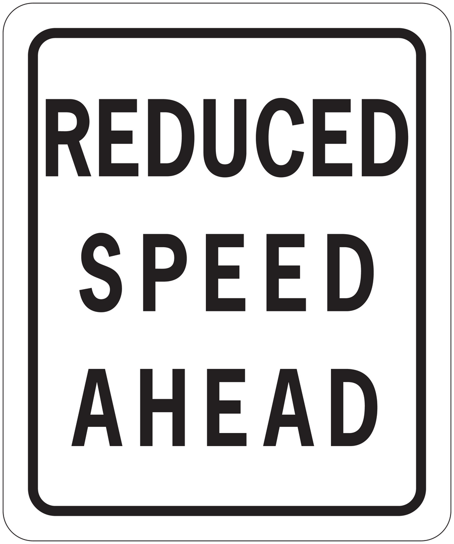 Road sign sticker with bold text: "REDUCED SPEED AHEAD"