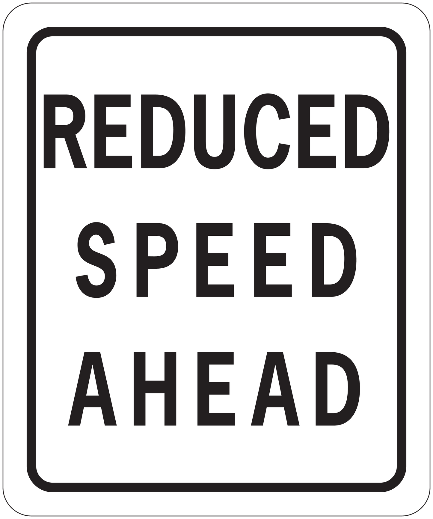 Road sign sticker with bold text: "REDUCED SPEED AHEAD"