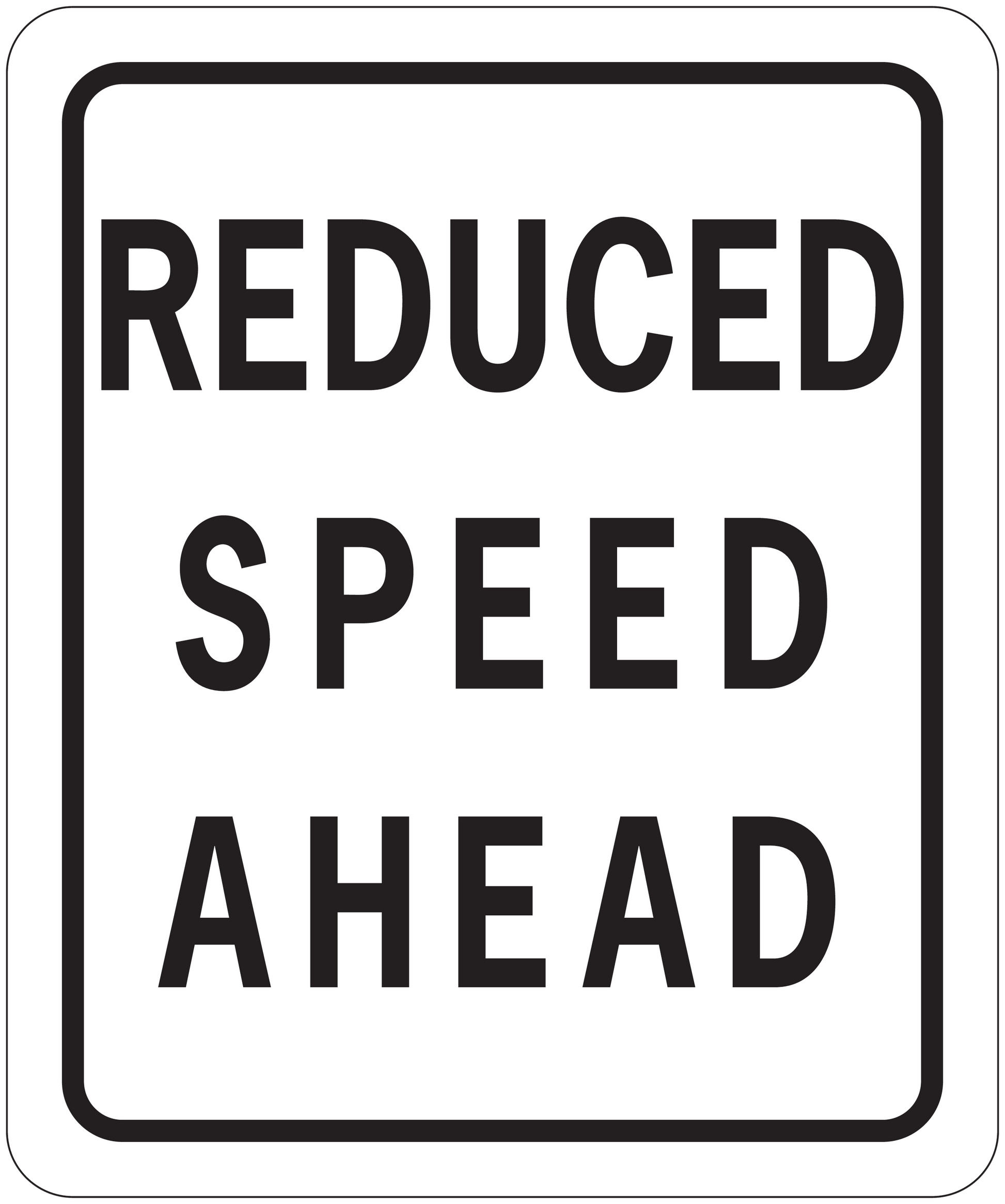 Road sign sticker with bold text: "REDUCED SPEED AHEAD"