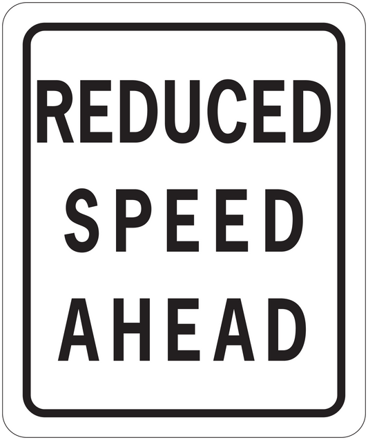Road sign sticker with bold text: "REDUCED SPEED AHEAD"
