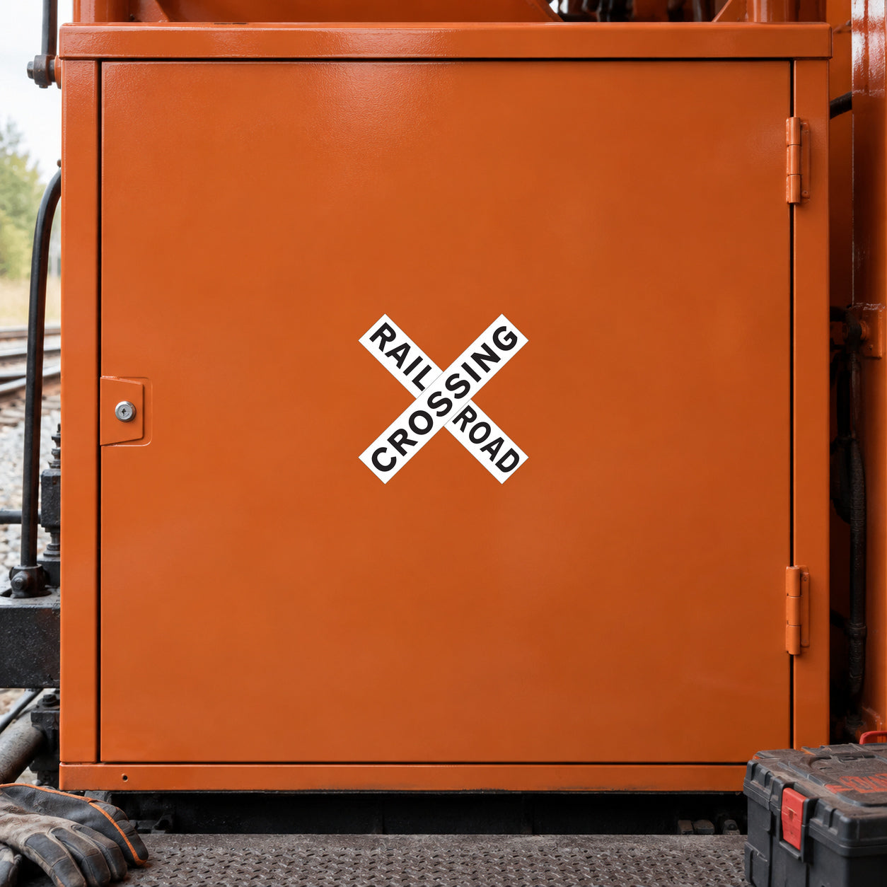 Road sign sticker with diamond "RAIL CROSSING" warning text