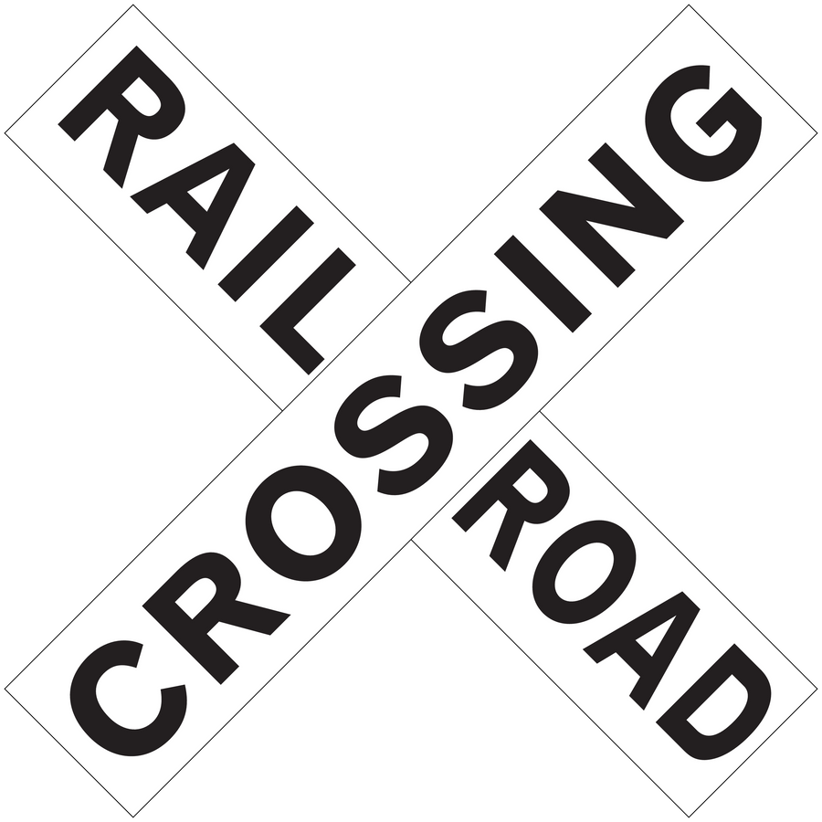 Crossed road sign stickers reading 'RAIL CROSSING'