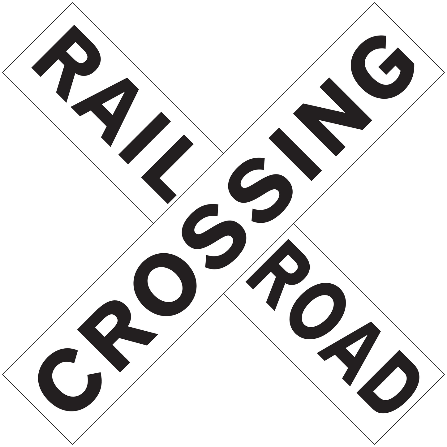 Crossed road sign stickers reading 'RAIL CROSSING'