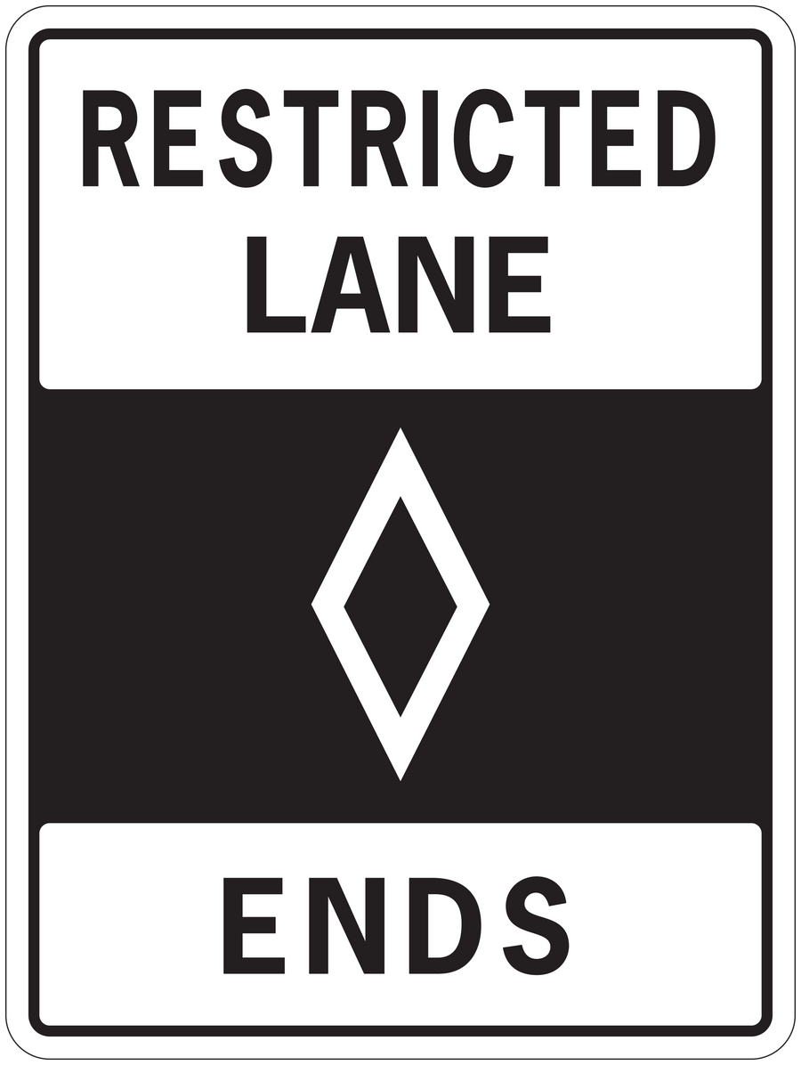 Road sign sticker: RESTRICTED LANE and ENDS with diamond arrow