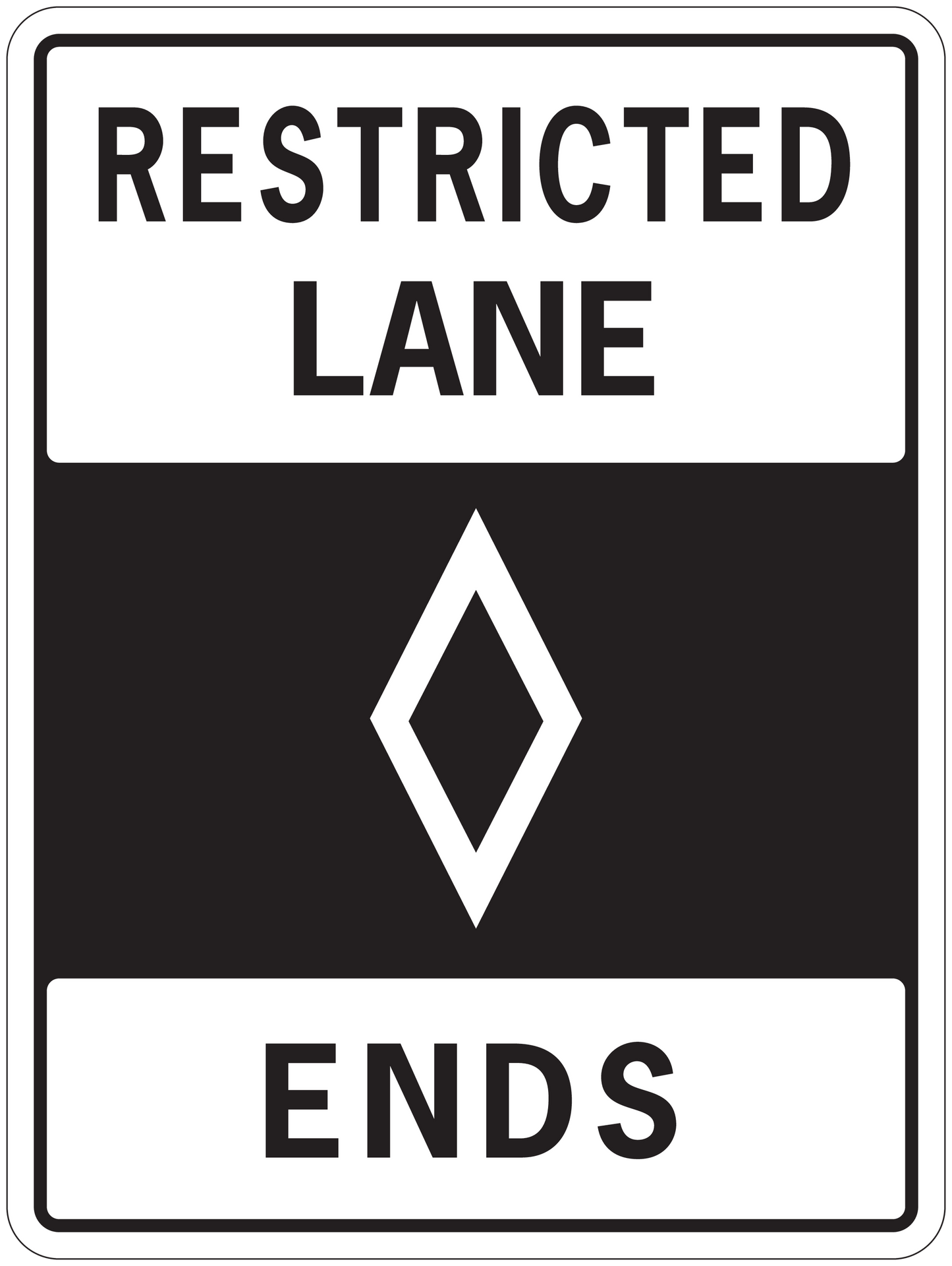 Road sign sticker: RESTRICTED LANE and ENDS with diamond arrow